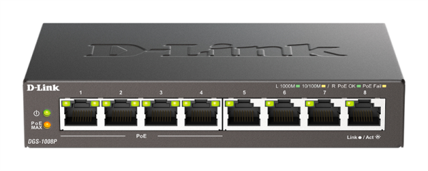 D-Link Неуправляемый PoE-коммутатор, 8x1000Base-T (4x1000Base-T PoE), PoE-бюджет 80 Вт, корпус металл