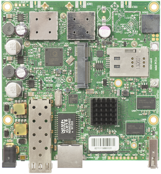 MikroTik RouterBOARD 922UAGS with 720MHz Atheros CPU, 128MB RAM, 1xGigabit LAN, USB, 1xSFP, miniPCIe, SIM slot, built-in 5Ghz 802.11a/c 2x2 two chain wireless, 2xMMCX connectors, RouterOS L4 MikroTik RouterBOARD 922UAGS with 720MHz Atheros CPU, 128MB RAM, 1xGigabit LAN, USB, 1xSFP, miniPCIe, SIM slot, built-in 5Ghz 802.11a/c 2x2 two chain wireless, 2xMMCX connectors, RouterOS L4