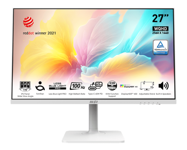 MSI Modern MD272QXPW 27" 16:9 WQHD(2560x1440) IPS Flat,1ms(MPRT),HDR 400,1000:1,100M:1,400nit,HDMI,DP,2xUSB Type-A,USB Type-B,USB Type-C,Speaker,Tilt,Swivel,Height,Pivot,100Hz,White(white cable),1y