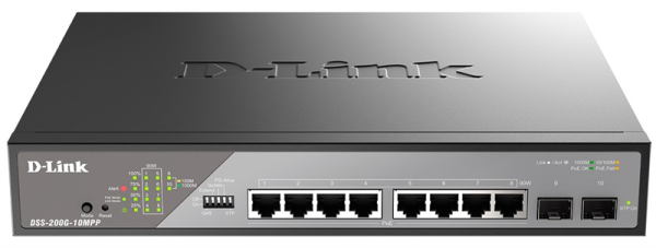 D-Link Настраиваемый L2 PoE-коммутатор, 8x1000Base-T PoE 802.3bt 90 Вт, 2x1000Base-X SFP, PoE-бюджет 242 Вт, дальность PoE до 250 м