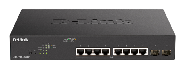 D-Link Настраиваемый L2 PoE-коммутатор, 8х1000Base-T PoE, 2x1000Base-X SFP, PoE-бюджет 130 Вт
