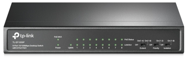 TP-Link TL-SF1009P, 9-Port 10/100 Mbps Desktop Switch with 8-Port PoE+, 65 W, 250m