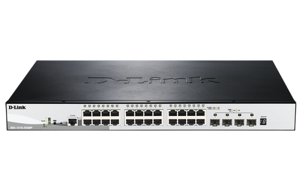 D-Link PROJ Настраиваемый L2+ стекируемый PoE-коммутатор, 24x1000Base-T PoE, 4x10GBase-X SFP+, PoE-бюджет 370 Вт, CLI, консольный порт RJ-45
