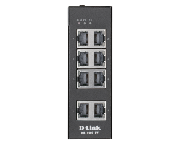 D-Link DIS-100E-8W/A1A, L2 Unmanaged Industrial Switch with 8 10/100Base-TX ports.1K Mac address, 802.3x Flow Control, Stand-alone, Auto MDI/MDI-X for each port, D-link Green technology, Metal case,