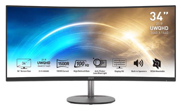 MSI PRO MP341CQ 34" 21:9 UWQHD(3440x1440) VA Curve1500R,1ms(MPRT),3000:1,100M:1,300nit,178/178,2xHDMI 2.0,DP 1.2,Tilt,Speaker,VESA,100Hz,Black,1y war-ty