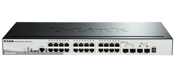 D-Link DGS-1510-28P/A1A, PROJ L2+ Smart Switch with 24 10/100/1000Base-T ports and 2 1000Base-X SFP ports and 2 10GBase-X SFP+ ports (24 PoE ports 802.3af/802.3at (30 W), PoE Budget 193W).16K Mac add D-Link DGS-1510-28P/A1A, PROJ L2+ Smart Switch with 24 10/100/1000Base-T ports and 2 1000Base-X SFP ports and 2 10GBase-X SFP+ ports (24 PoE ports 802.3af/802.3at (30 W), PoE Budget 193W).16K Mac add