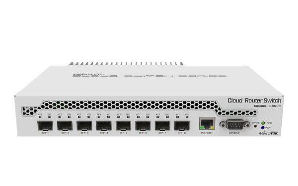 MikroTik Cloud Router Switch 309-1G-8S+IN with Dual core 800MHz CPU, 512MB RAM, 1xGigabit LAN, 8 x SFP+ cages, RouterOS L5 or SwitchOS (dual boot), passive desktop case, rackmount ears, PSU