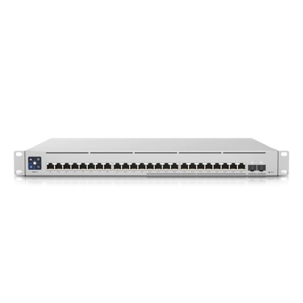 Ubiquiti Switch Enterprise 24 PoE Layer 3, PoE switch with (12) 2.5GbE, 802.3at PoE+ RJ45 ports, (12) GbE, 802.3at PoE+ RJ45 ports, and (2) 10G SFP+ ports.