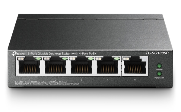 TP-Link TL-SG1005P, 5-Port Gigabit Desktop Switch with  4-Port PoE+, 65 W