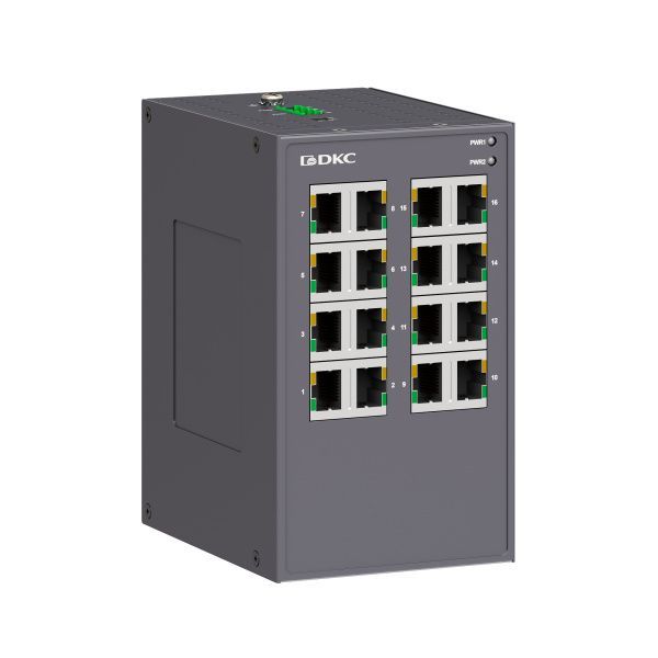 Промышленный неуправляемый коммутатор, 16×10/100Base-T(X) портов RJ45,12-48В DC/18-30В AC, с резервированием