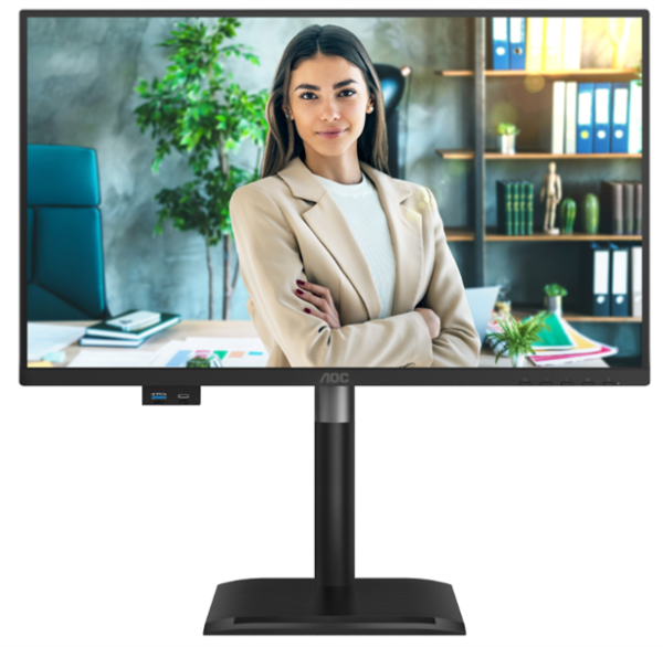 23,8" AOC 1920x1080, WLED, 16:9, IPS, 300 cd, 1500:1, 20M:1, 4ms, 178°/178°, VGA, HDMI, DP, USB hub: USB3.2x3, USB3.2-B, USB-C(15W), 120Hz, Speak, Tilt, Height, Swivel, Pivot, Internal,  VESA, Black,