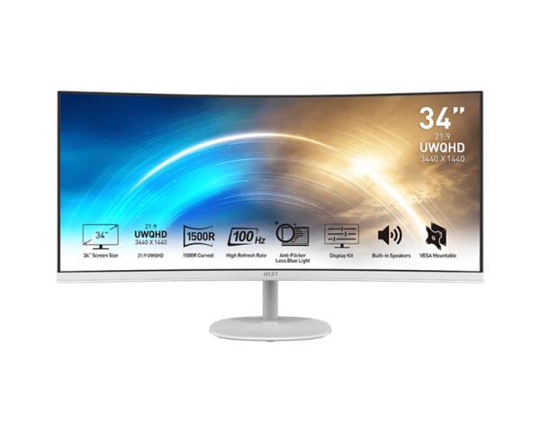 MSI PRO MP341CQW 34" 21:9 UWQHD(3440x1440) VA Curve1500R,1ms(MPRT),3000:1,100M:1,300nit,178/178,2xHDMI 2.0,DP 1.2,Tilt,Speaker,VESA,100Hz,White,1y war-ty