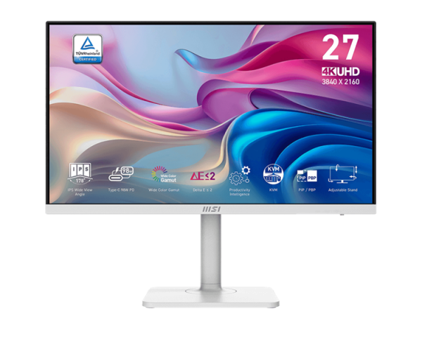 MSI Modern MD272UPHW 27" 16:9 UHD(3840x2160) IPS Flat,4ms(GTG),HDR 400,1000:1,100M:1,400nit,178/178,2xHDMI,DP,USB Type-C,Speaker,Tilt,Swivel,Height,Pivot,60Hz,White,1y war-ty
