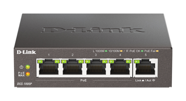 D-Link Неуправляемый PoE-коммутатор, 5x1000Base-T (4x1000Base-T PoE), PoE-бюджет 60 Вт, корпус металл