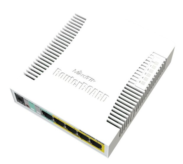 MikroTik RB260GSP with 5 Gigabit ports and SFP cage, SwOS, plastic case, PSU, POE-OUT