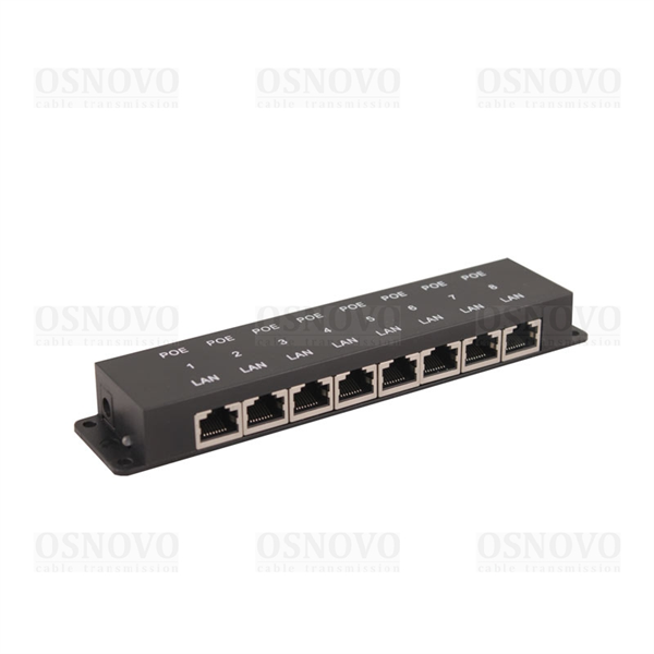 OSNOVO Midspan-8/P Пассивный PoE-инжектор Fast Ethernet на 8 портов. Предназначен для питания оконечных сетевых устройств. Напряжение PoE - до 57V(конт. 4,5 (+), 7,8 (-)). Максимальный ток на каждый п