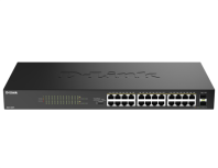 D-Link Конфигурируемый PoE-коммутатор, 24x1000Base-T PoE, 2x1000Base-X SFP, PoE-бюджет 240 Вт, дальность PoE до 250 м, DIP-переключатель, корпус металл
