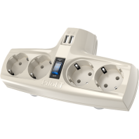 Сетевой фильтр PILOT T USB, 4 розетки с заземлением, 15A/3,3кВт, 2 USB разъема для зарядки, белый, Россия