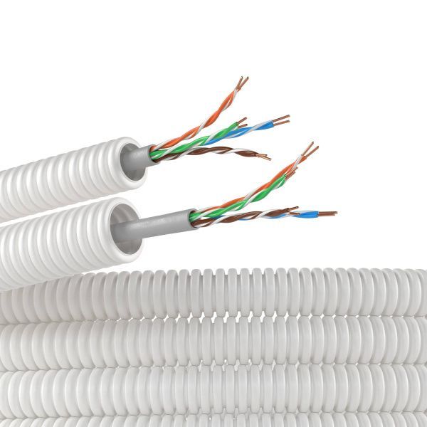 Электротруба из ПЛЛ не содержит галогенов, гибкая гофрированна д. 16 мм,цвет белый, с кабелем витая пара 5EU/UTP нг(А)-HF, 50 м Электротруба из ПЛЛ не содержит галогенов, гибкая гофрированна д. 16 мм,цвет белый, с кабелем витая пара 5EU/UTP нг(А)-HF, 50 м