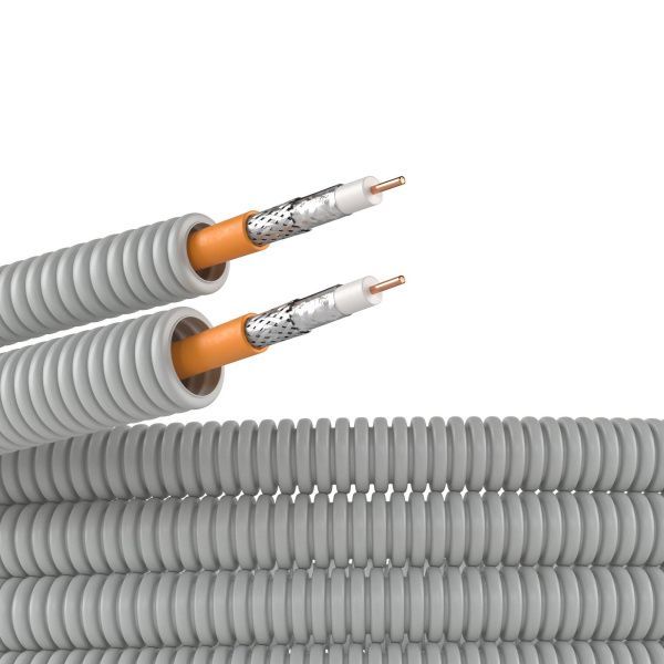 Электротруба ПВХ гибкая гофрированная д. 20 мм, цвет серый, с коаксиальным кабелем SAT нг(А)-HF, 50 м Электротруба ПВХ гибкая гофрированная д. 20 мм, цвет серый, с коаксиальным кабелем SAT нг(А)-HF, 50 м