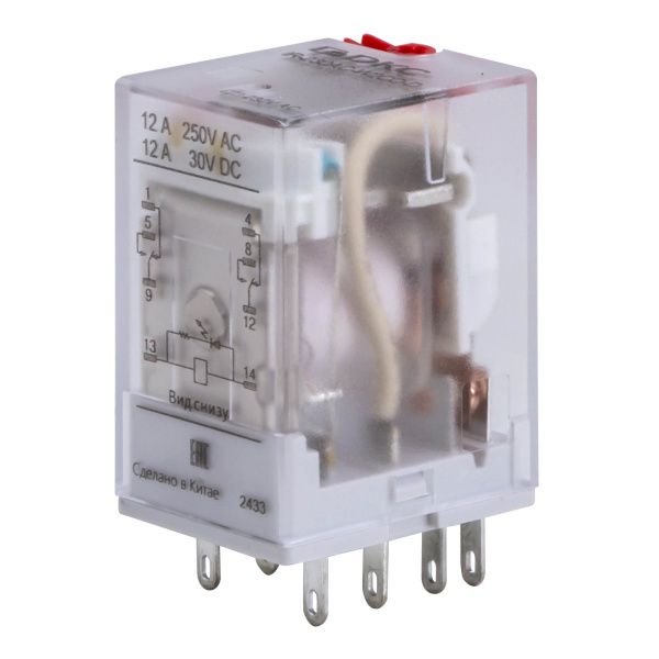 Реле миниатюрное промышленное общего назначения, 2CO, ком. ток 12А, AgSnO2, напряжение 230V AC, опция: тест-кнопка+светодиод Реле миниатюрное промышленное общего назначения, 2CO, ком. ток 12А, AgSnO2, напряжение 230V AC, опция: тест-кнопка+светодиод