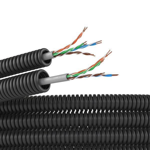 Электротруба ПНД гибкая гофрированная д. 16 мм, цвет черный, с кабелемвитая пара 5EU/UTP нг(А)-HF, 100 м Электротруба ПНД гибкая гофрированная д. 16 мм, цвет черный, с кабелемвитая пара 5EU/UTP нг(А)-HF, 100 м