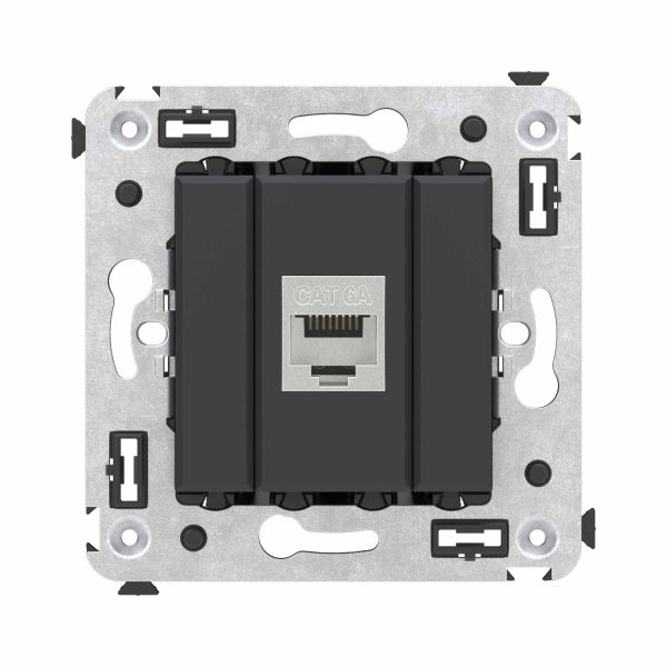 Компьютерная розетка RJ-45 без шторки в стену, кат.6A одинарная экранированная, Avanti, черный матовый Компьютерная розетка RJ-45 без шторки в стену, кат.6A одинарная экранированная, Avanti, черный матовый