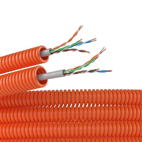 Электротруба ПНД гибкая гофрированная д. 16 мм, цвет оранжевый, скабелем витая пара 5EU/UTP нг(А)-HF, 25 м Электротруба ПНД гибкая гофрированная д. 16 мм, цвет оранжевый, скабелем витая пара 5EU/UTP нг(А)-HF, 25 м