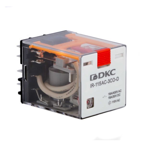 Реле миниатюрное силовое, 3CO, ком. ток 16А, AgSnO2, напряжение 115V AC, опция: тест-кнопка+светодиод Реле миниатюрное силовое, 3CO, ком. ток 16А, AgSnO2, напряжение 115V AC, опция: тест-кнопка+светодиод