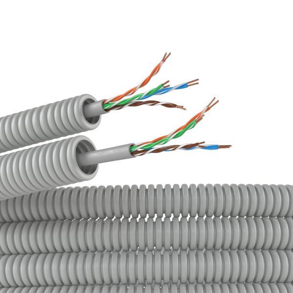 Электротруба ПВХ гибкая гофрированная д. 16 мм, цвет серый, с кабелемвитая пара 5EU/UTP нг(А)-HF, 25 м Электротруба ПВХ гибкая гофрированная д. 16 мм, цвет серый, с кабелемвитая пара 5EU/UTP нг(А)-HF, 25 м