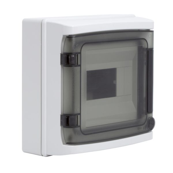 Щиток настенный с дверцей 8 мод.,IP65, серый, с клеммным блоком 63А Щиток настенный с дверцей 8 мод.,IP65, серый, с клеммным блоком 63А