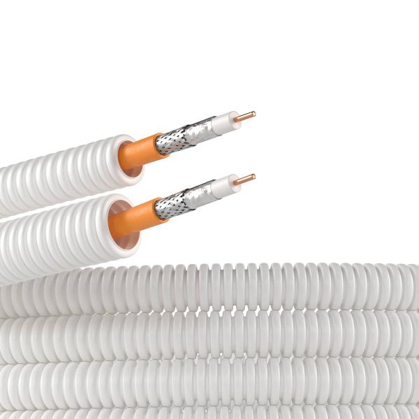 Электротруба из ПЛЛ не содержит галогенов, гибкая гофрированная д. 20мм, цвет белый, с коаксиальным кабелем SAT нг(А)-HF, 50 м Электротруба из ПЛЛ не содержит галогенов, гибкая гофрированная д. 20мм, цвет белый, с коаксиальным кабелем SAT нг(А)-HF, 50 м