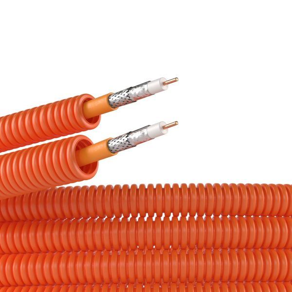 Электротруба ПНД гибкая гофрированная д. 20 мм, цвет оранжевый, с коаксиальным кабелем SAT нг(А)-HF, 100 м Электротруба ПНД гибкая гофрированная д. 20 мм, цвет оранжевый, с коаксиальным кабелем SAT нг(А)-HF, 100 м