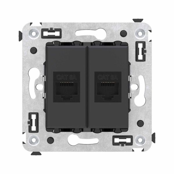 Компьютерная розетка RJ-45 без шторки в стену, кат.6А двойная, Avanti, черный матовый Компьютерная розетка RJ-45 без шторки в стену, кат.6А двойная, Avanti, черный матовый