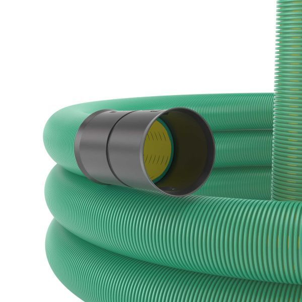 Двустенная труба ПНД гибкая дренажная д.200мм, SN8, перфорация 360град., в бухте 35м, цвет зеленый Двустенная труба ПНД гибкая дренажная д.200мм, SN8, перфорация 360град., в бухте 35м, цвет зеленый