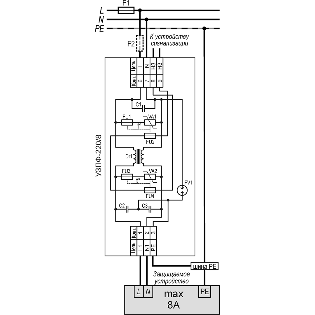 Устройство защиты электропитания с фильтром УЗПФ-220/8. Изображение 1 Схема подключения УЗПФ-220/8
