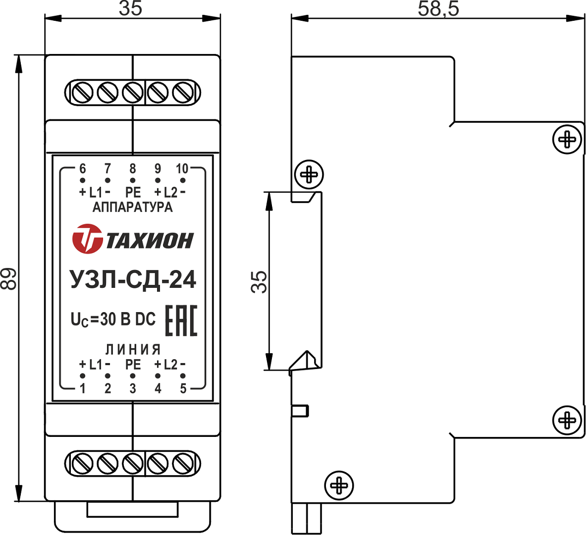 Устройство защиты оборудования в линиях систем сигнализации УЗЛ-СД-12. Изображение 1 Габаритные и установочные размеры УЗЛ-СД-12 (УЗЛ-СД-24)