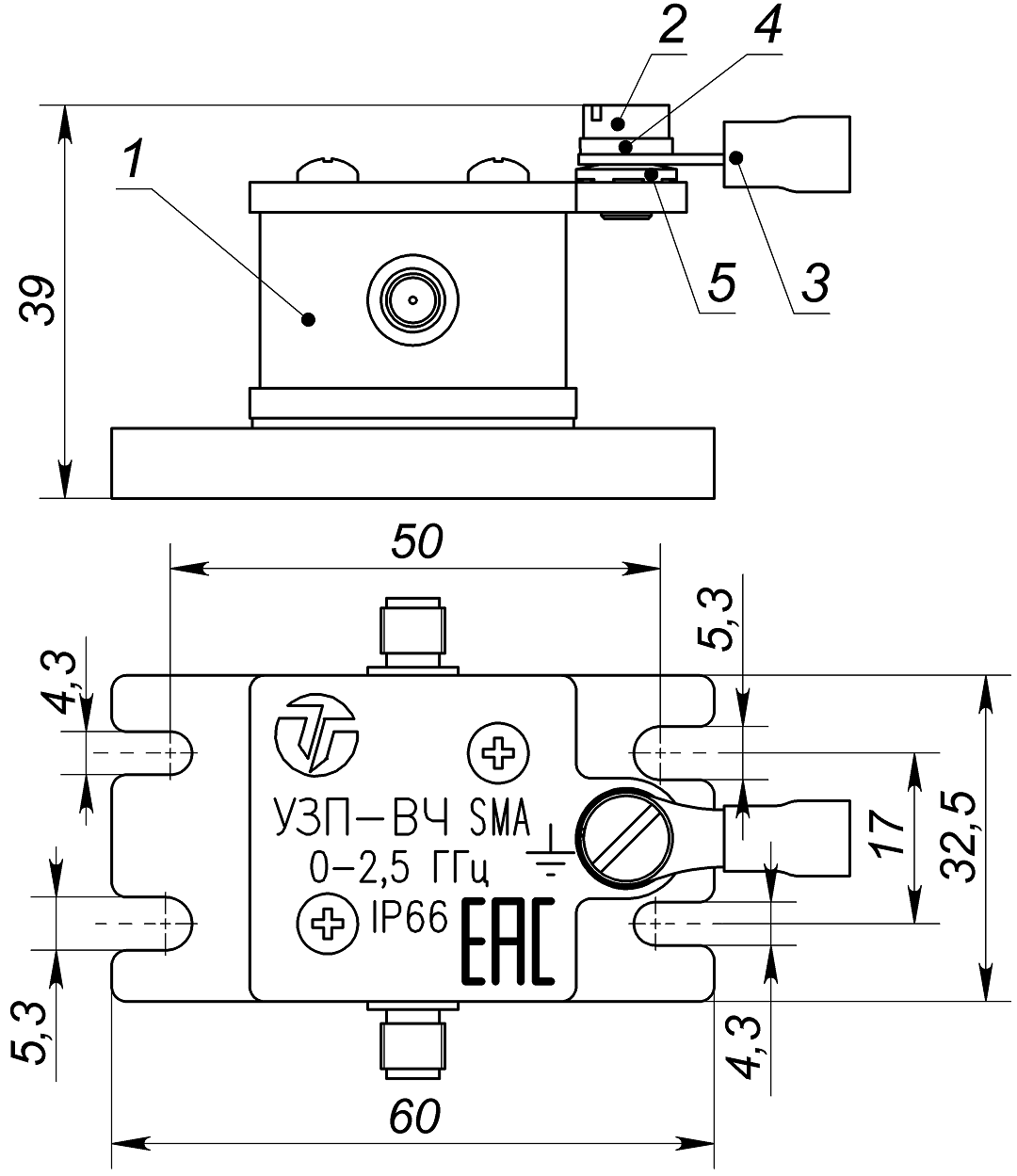 Устройство защиты высокочастотных цепей УЗП-ВЧ SMA. Изображение 1 Состав и габаритно установочные размеры УЗП-ВЧ SMA