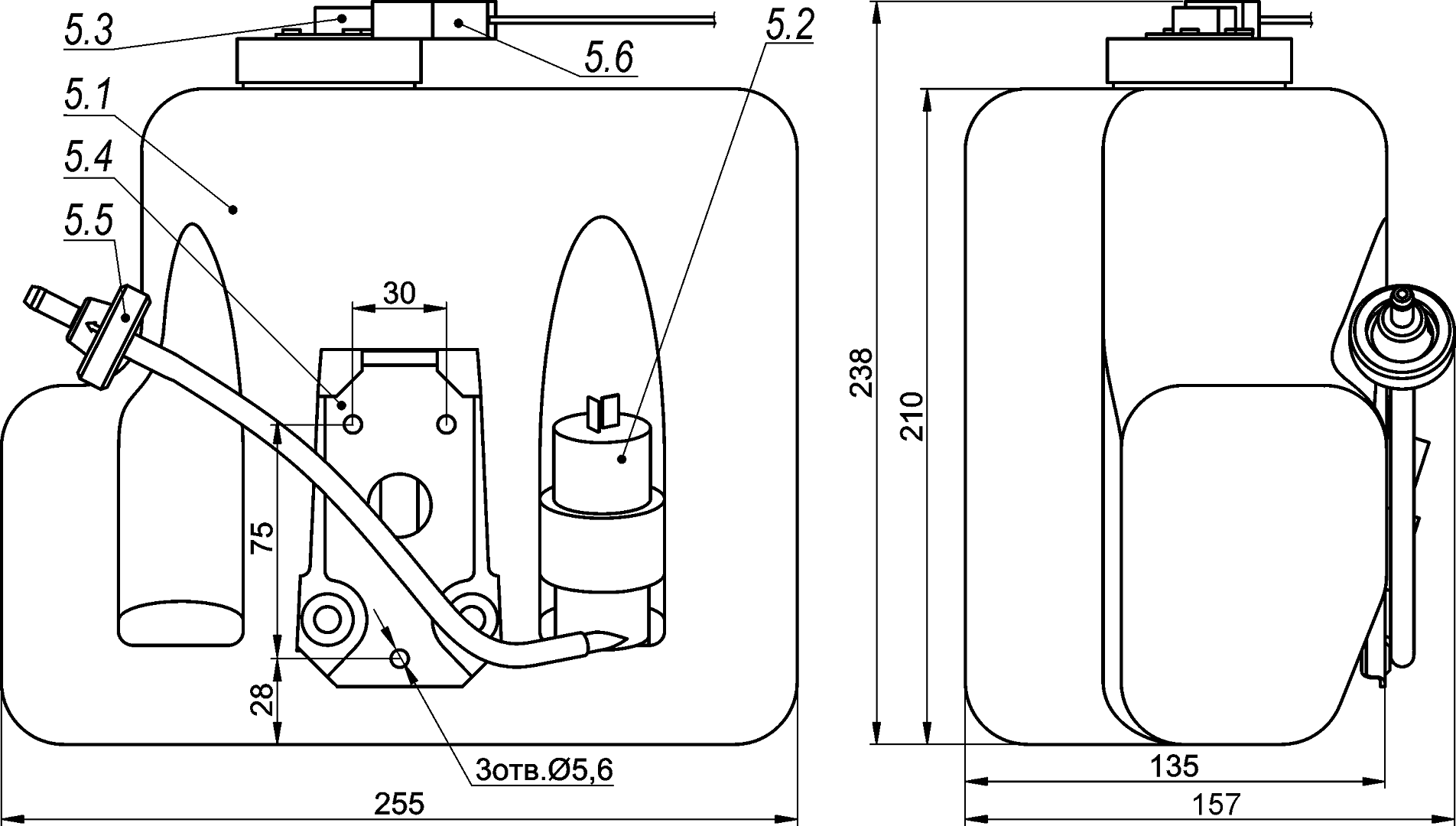 Состав и габаритные размеры бачка омывателя Состав и габаритные размеры бачка омывателя