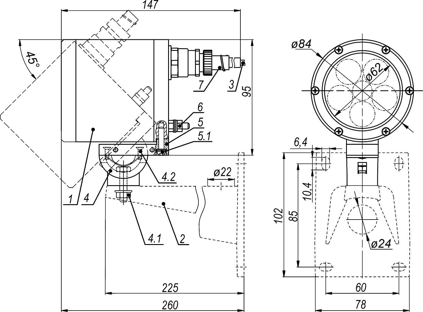 Прожектор белого света взрывозащищенныйПБС-50/20 А Ex. Изображение 1 Состав, габаритные и установочные размеры