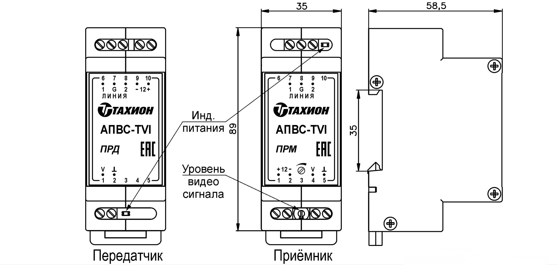 Аппаратура передачи видеосигнала по витой паре АПВС-TVI. Изображение  1 Устройство и габаритные размеры АПВС-TVI
