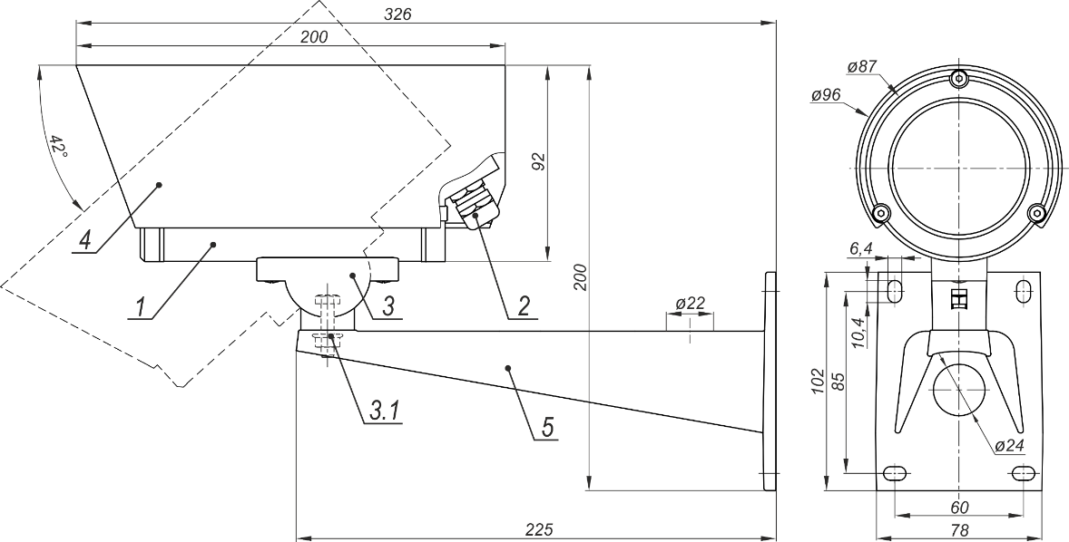 Видеокамера сетевая серии «Корунд-МК Смарт» ТВК-65-IP-5-M2812-PoE. Изображение 1 Состав и габаритно установочные размеры ТВК-65-IP-5-F36(-V2812,-M2812)-PoE