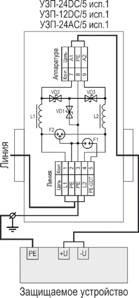Устройствo защиты цепей вторичного электропитания УЗП-24AC/5 исп.1. Изображение 1 Принципиальная схема УЗП-24DC(-12DC,-24AC)/5 исп.1