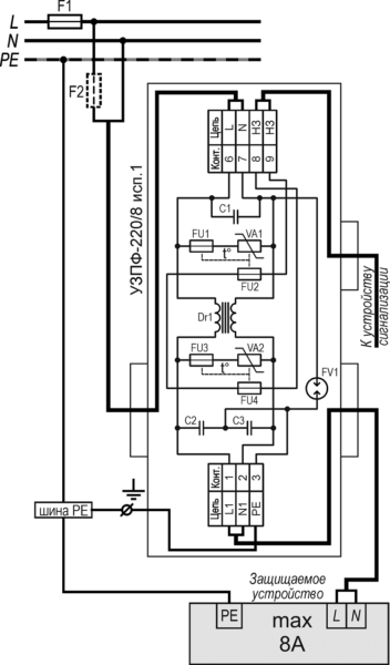 Устройство защиты электропитания с фильтром УЗПФ-220/8 исп.1. Изображение 1 Схема подключения УЗПФ-220/8 исп.1