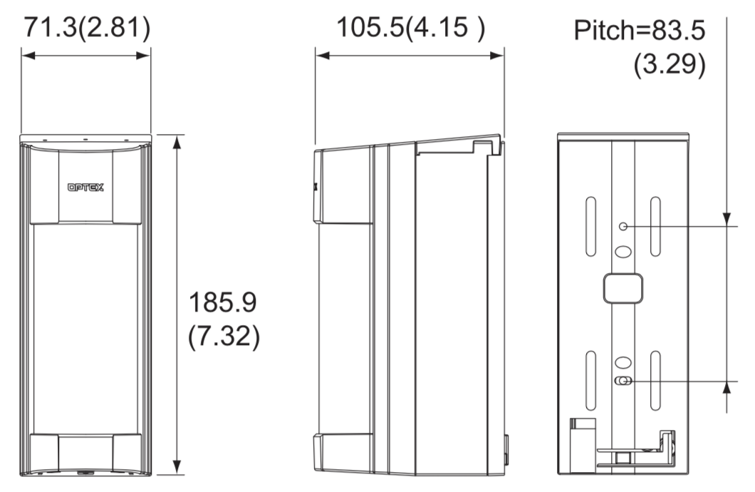 VXI-RDAM. Изображение 1 Габаритные размеры OPTEX VXI-RDAM