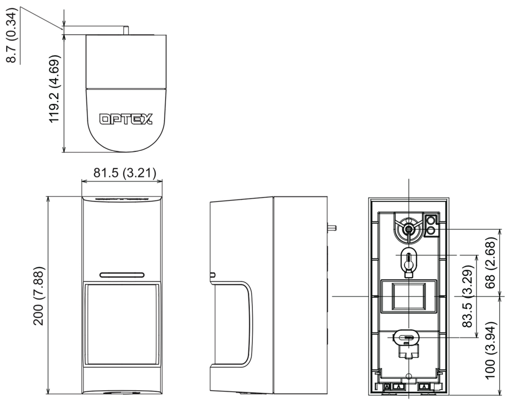 Панорамный охранный извещатель WXI-RAM. Изображение 1 Габаритные размеры OPTEX WXI-RAM