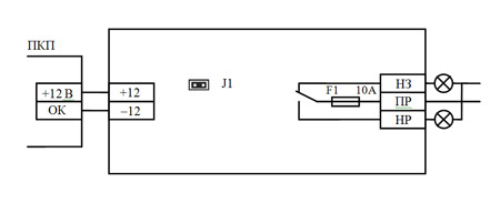 Схема подключения БРВ к выходу приемно-контрольного прибора (ПКП) с ОК, цепь контроля СЛ подключена Блок реле внешний (БРВ), Перекидное =24В ~250 В, 6 А. Изображение 1