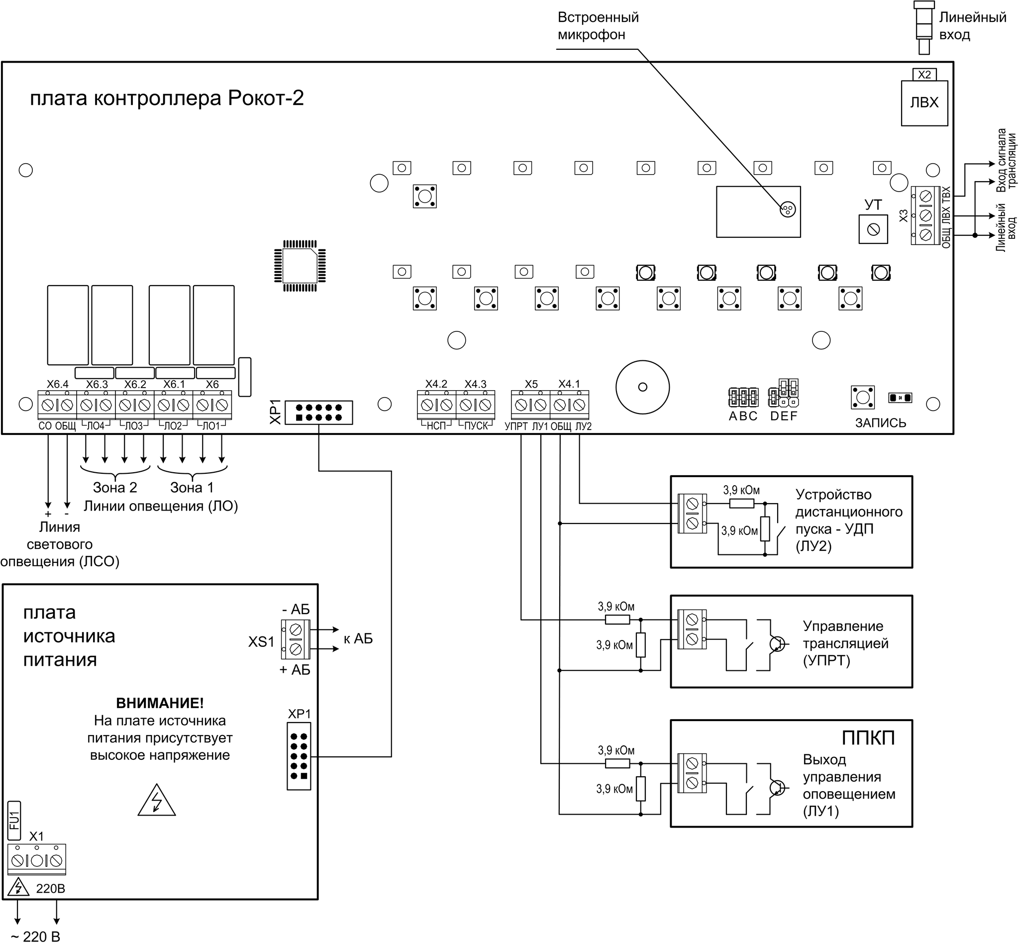 Плата контроллера, плата источника питания и схемы внешних подключений прибора «Рокот-2» Прибор управления оповещением Рокот-2. Изображение 1