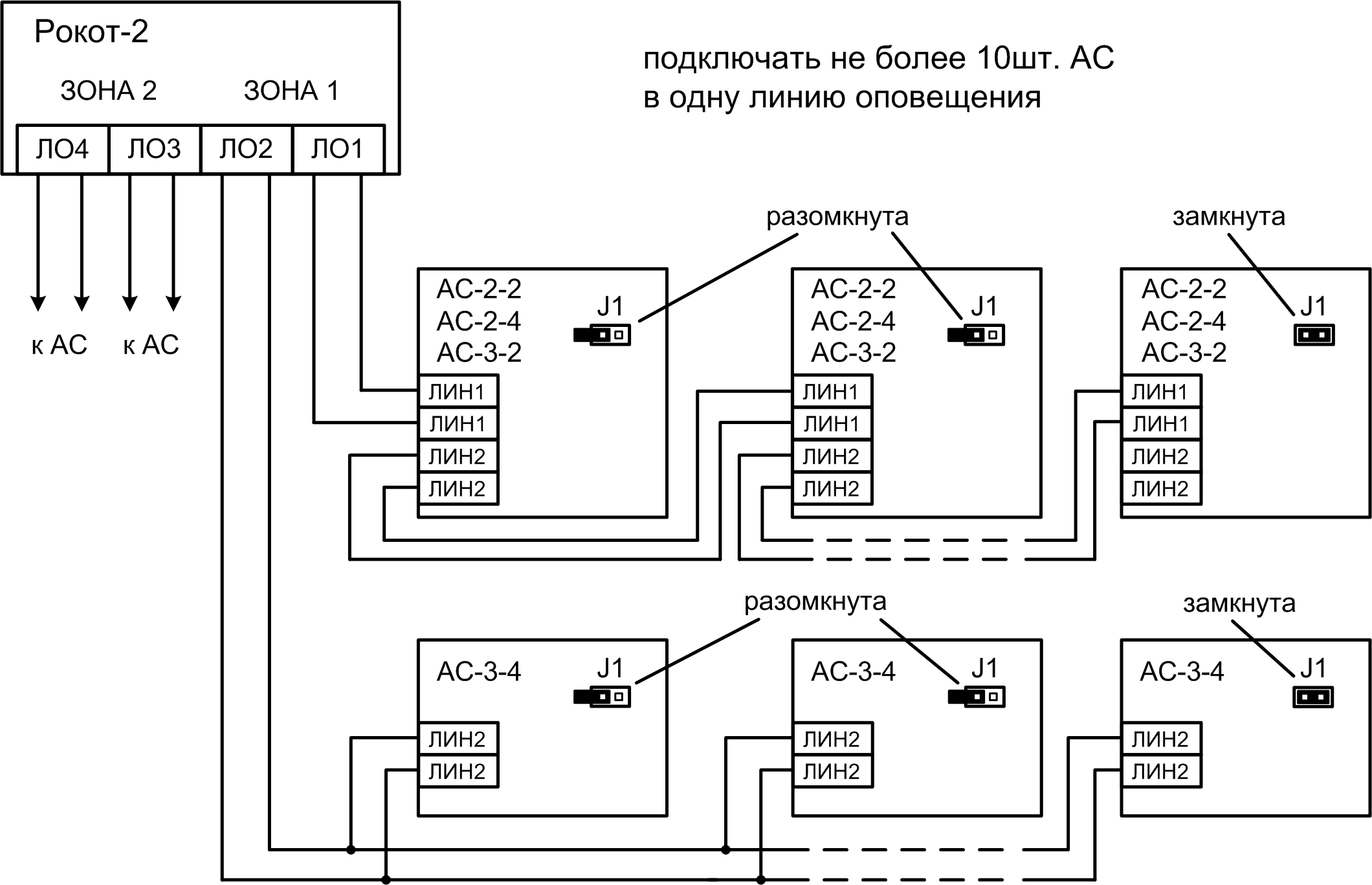 Схема подключения акустических систем «АС-2-2», «АС-2-4», «АС-3-2», «АС-3-4» (параллельное соединение) Прибор управления оповещением Рокот-2. Изображение 1