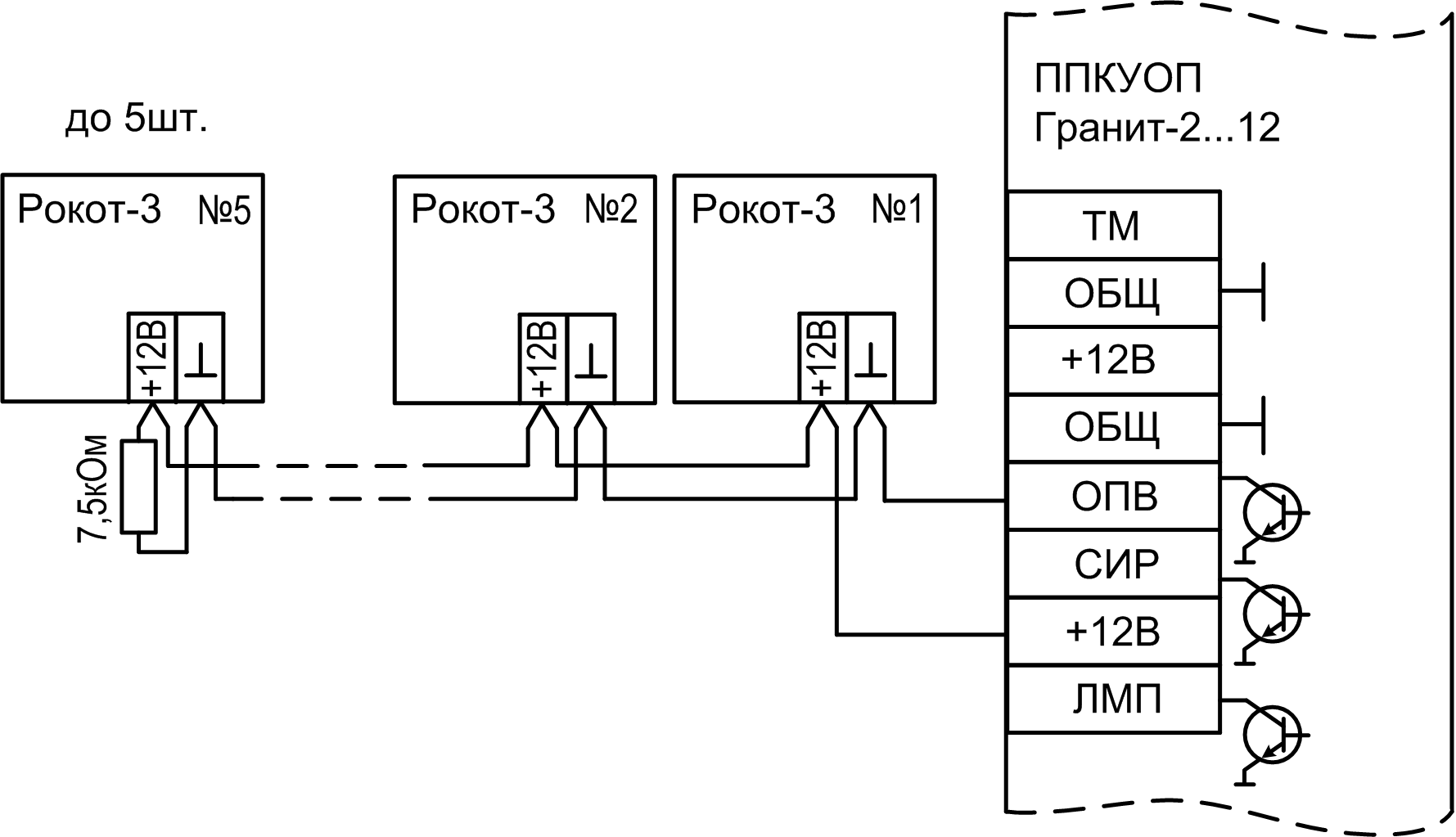 Схема подключения Рокот-3 к ППКУОП Гранит-2...12 «Рокот-3-1» прибор управления с акустической системой. Изображение  1